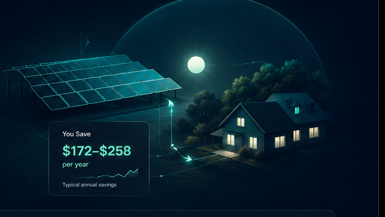 Illustration of a community solar farm sending solar bill credits to a nearby home.