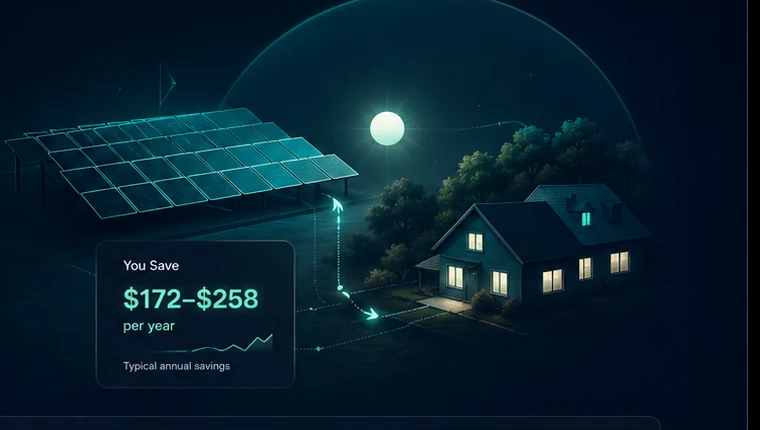 Illustration of a community solar farm sending solar bill credits to a nearby home.